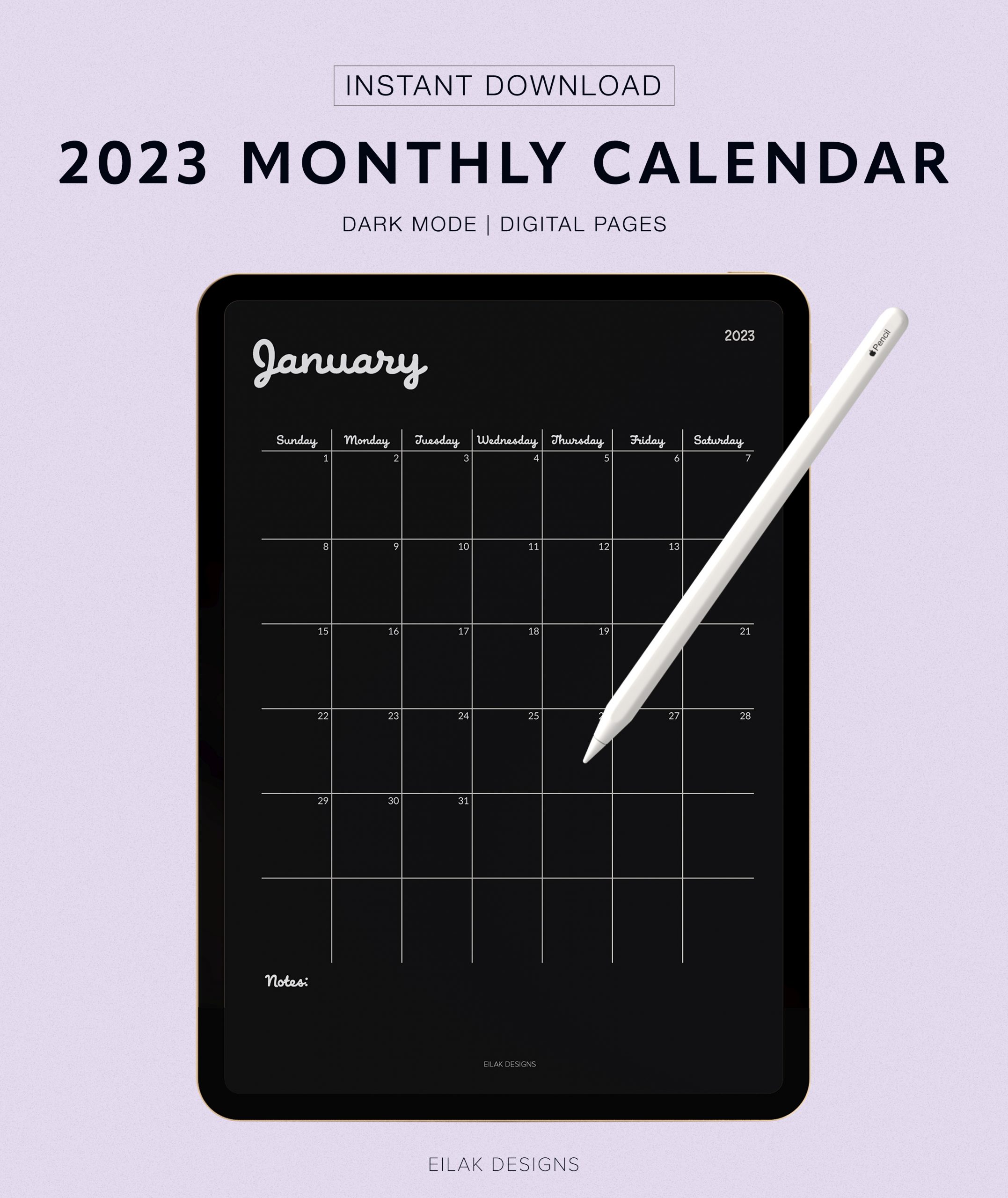 2023 Monthly Calendar Dark Mode Digital Download