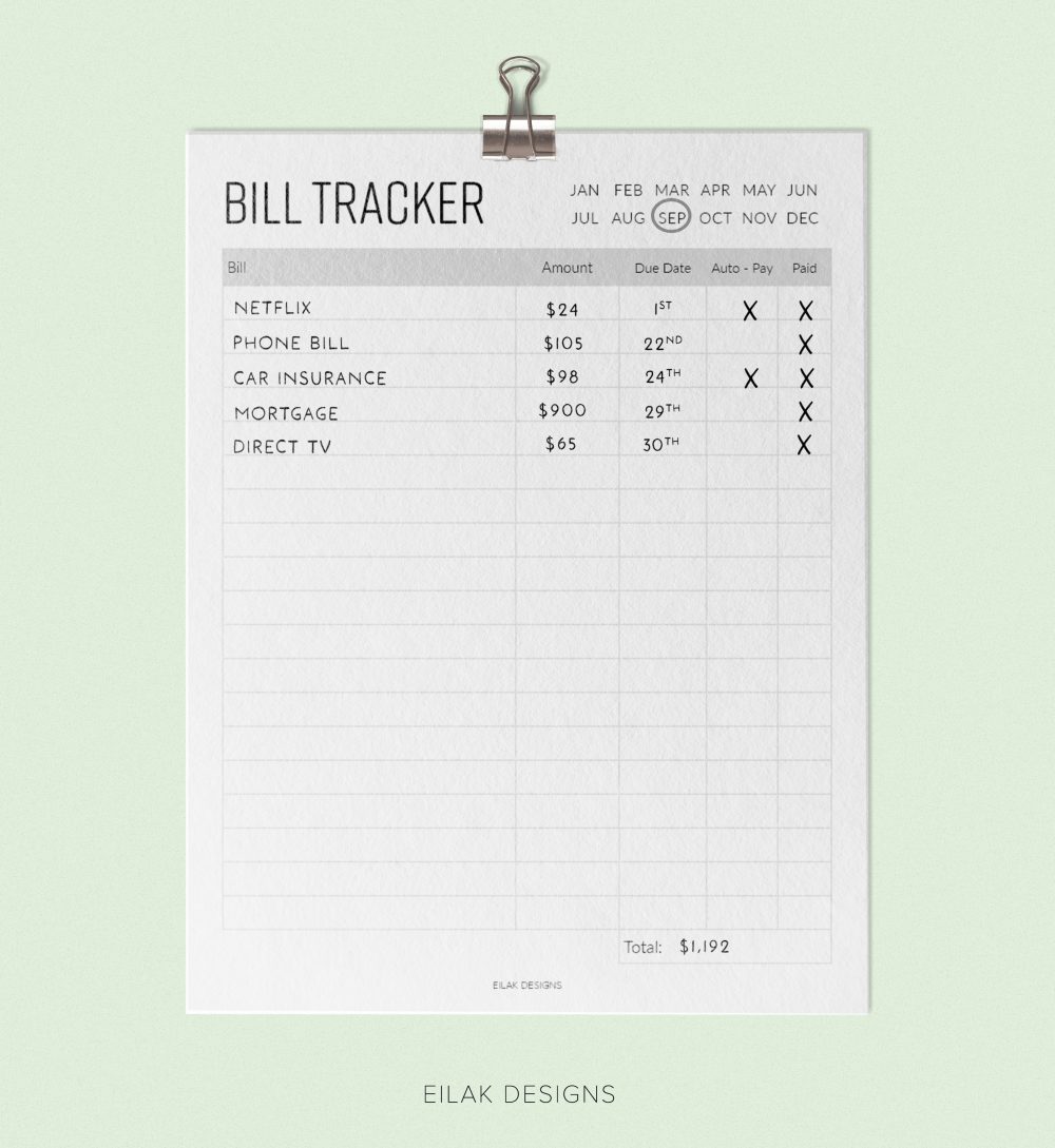 printable bill tracker